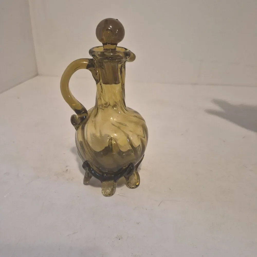 Vintage Amber Hand Blown Twisted Glass Cruet Decanter with Feet 6.5 Inch
